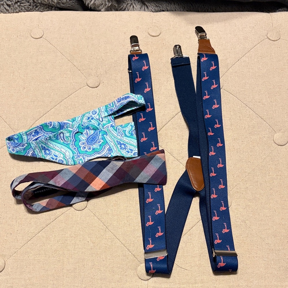 Navy Flamingo Suspenders  Paisley & plaid Bow Tie Set preppy wedding formal